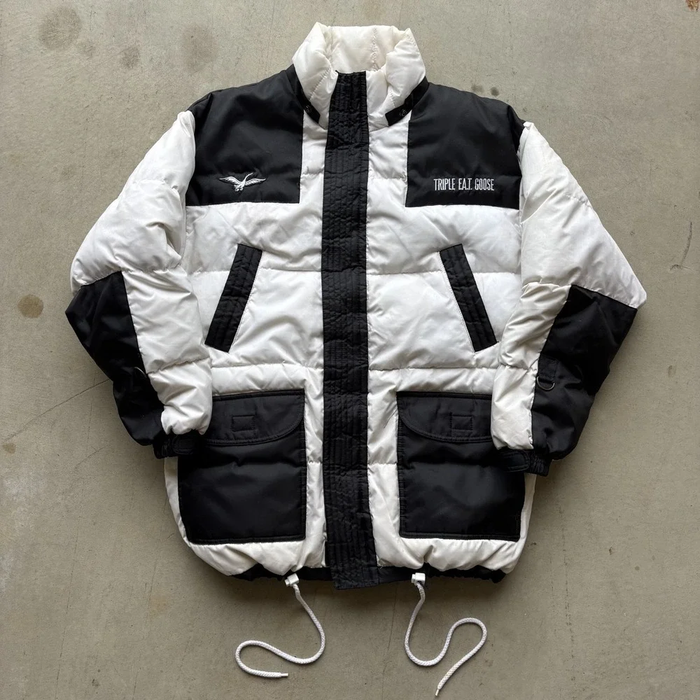 Vintage 90s Triple FAT Goose Down Puffer Jacket Size Small White Black Gorpcore